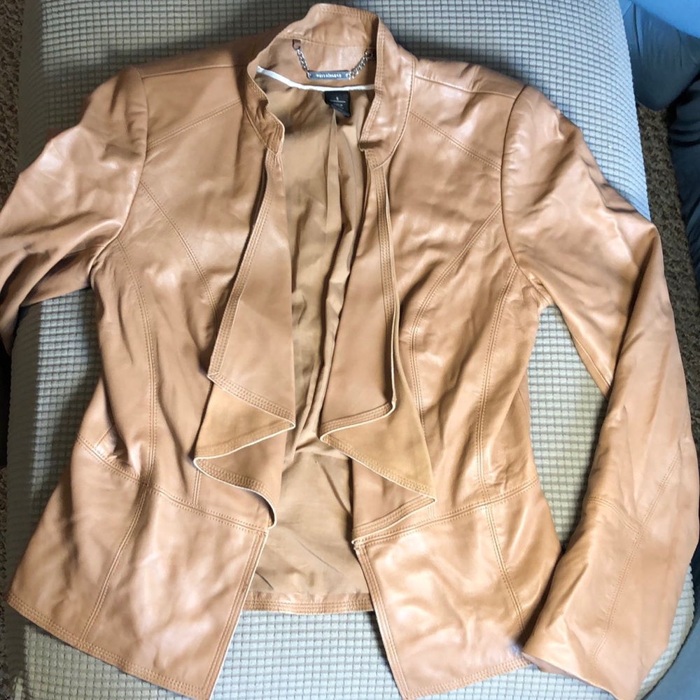 WHBM Tan Ruffle front leather jacket